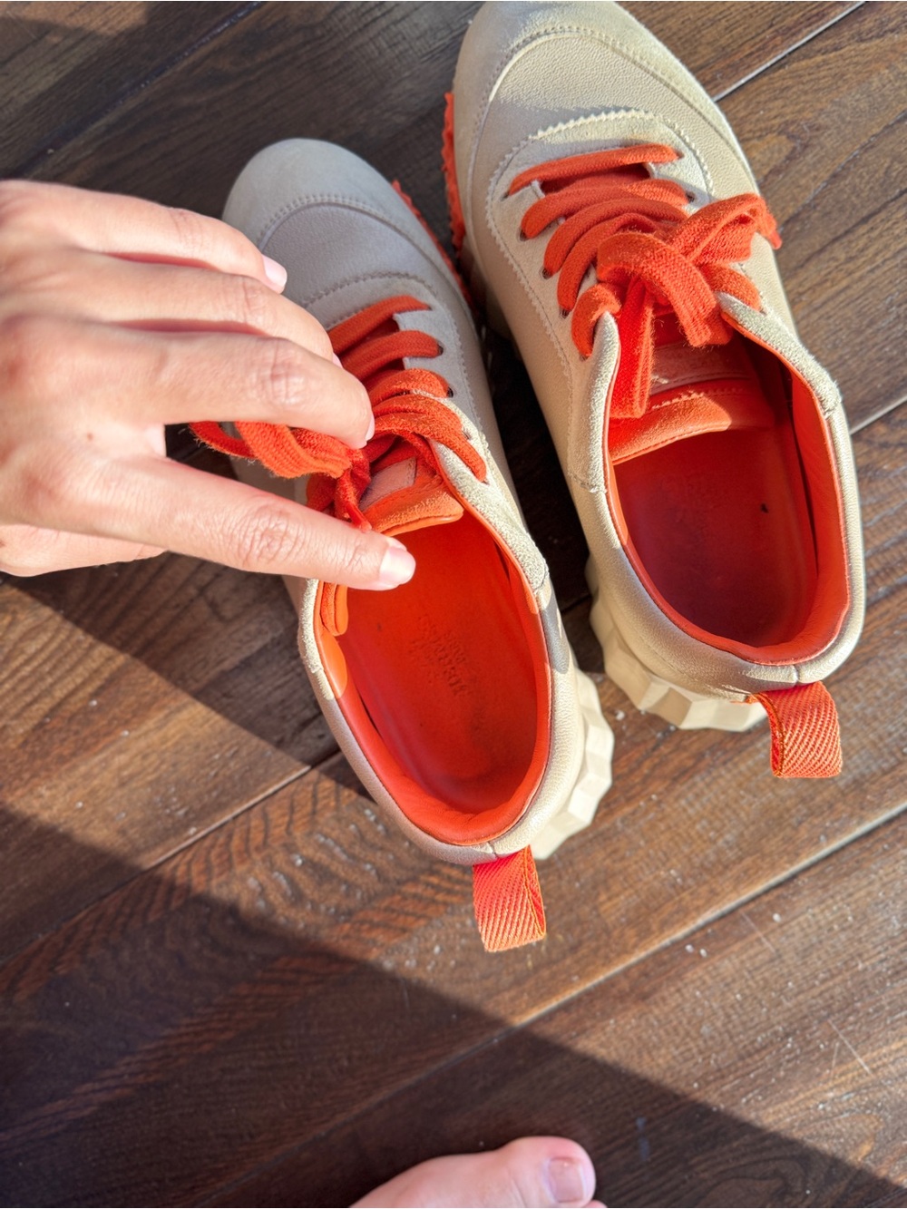 Hermes Tan Suede Sneakers with Bright Orange Accents - Picture 7 of 7